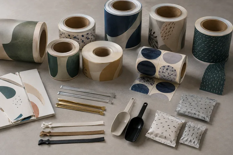 Label rolls, closures, scoops and desiccant packs.