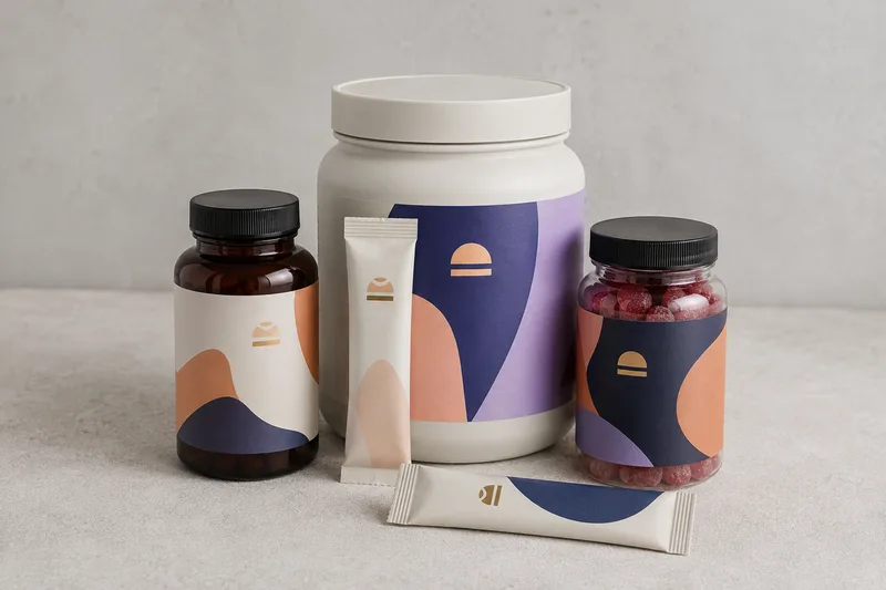 Private-label supplement bottles, tubs and sachets.