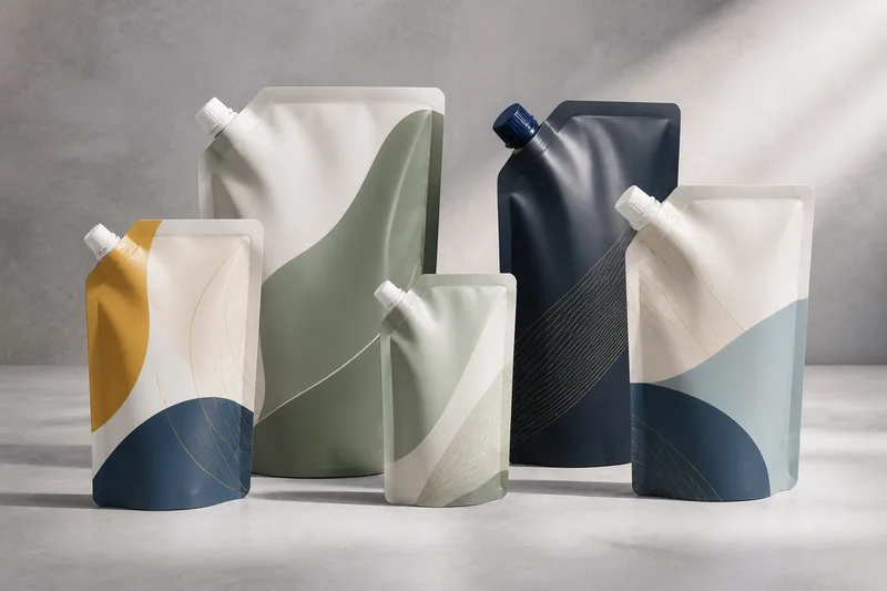 Spout pouches with sealed caps and gusseted bases.