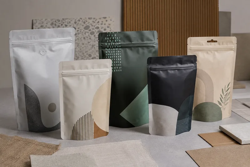 Stand-up pouch formats with gusseted bases and zipper closures.
