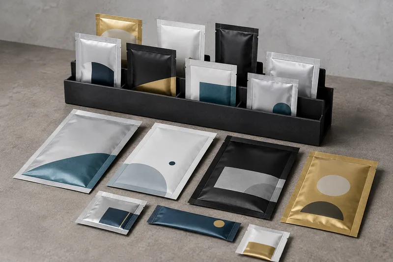 Three-side-seal sachets in varied sizes and barrier films.