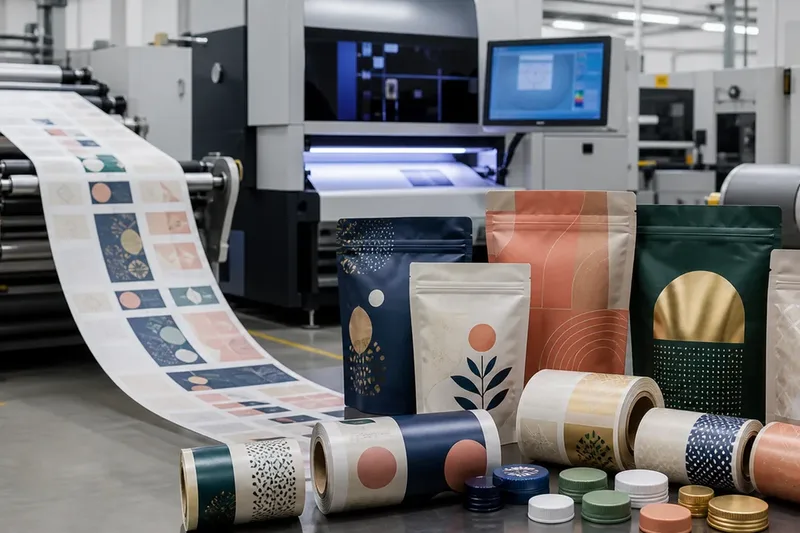 Printed packaging, labels and closures in a partner production facility.