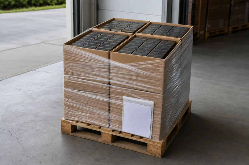 Finished private-label goods packed and palletized for delivery.