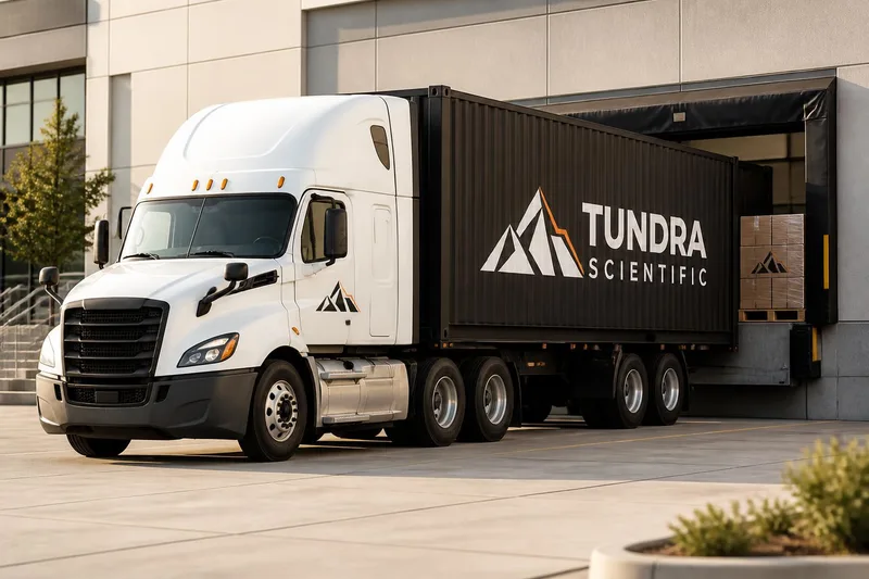 A Tundra Scientific branded truck loading at a warehouse dock