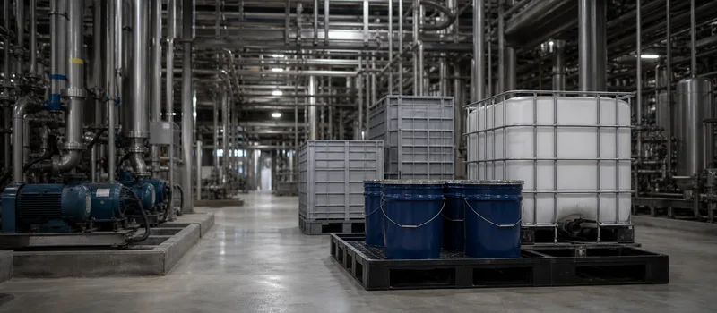 Process equipment and sealed supplies in an industrial facility.