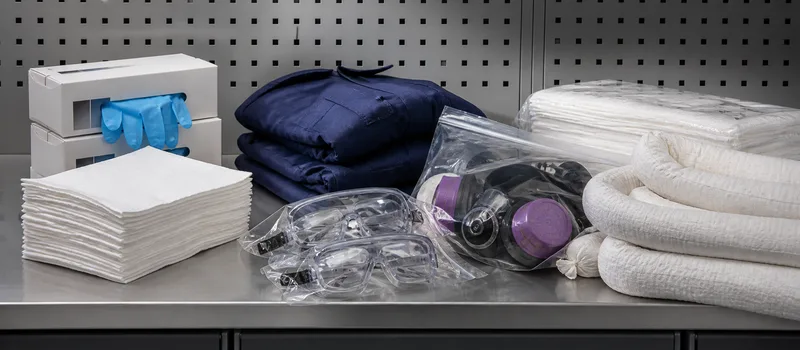 Protective equipment and spill-control supplies at a safety station.