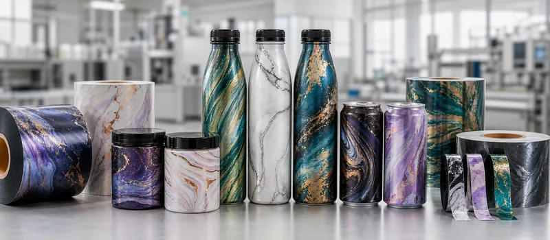 Full-body shrink sleeves and tamper bands on varied containers.