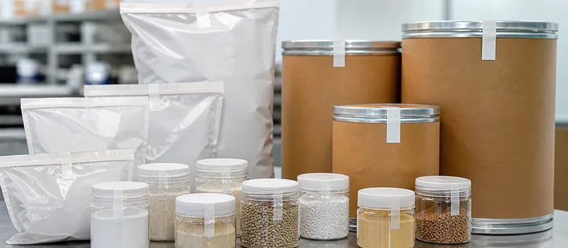 Nutraceutical input samples with sealed fibre-drum and bag formats.