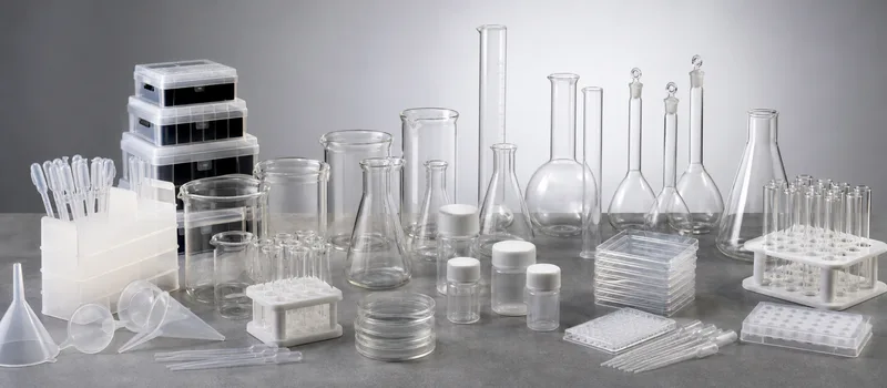 Laboratory glassware and plasticware organized by function.