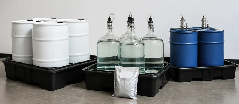 Segregated chemical containers in secondary containment.