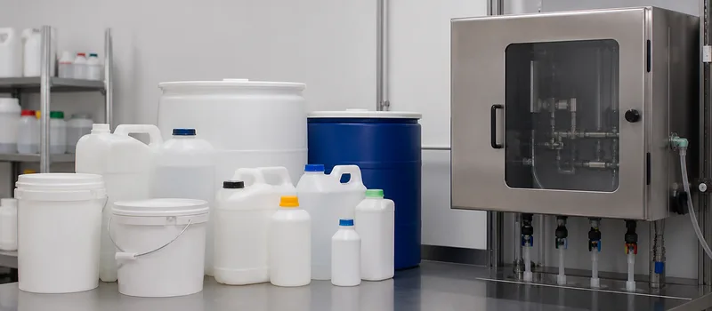 Sealed sanitation concentrates beside a controlled dilution station.