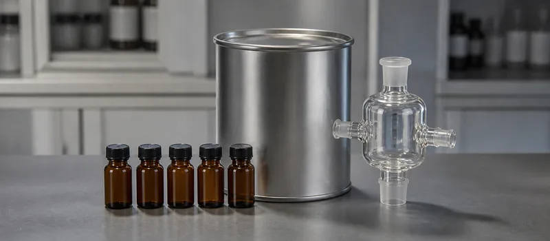 Sealed aromatic-oil samples and commercial supply container.