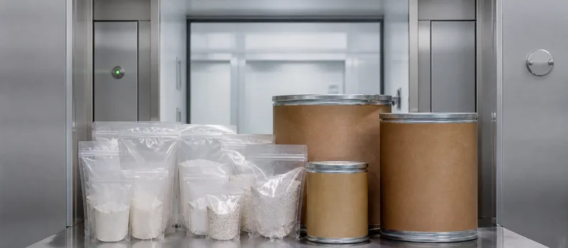 Sealed excipient samples and tamper-evident fibre drums.