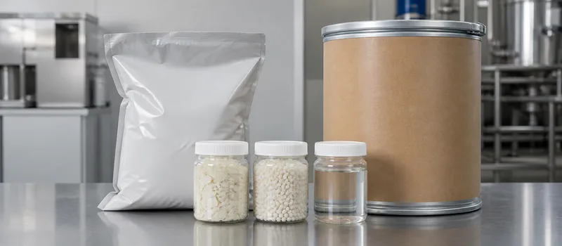 Controlled samples of flakes, pellets and liquid beside bulk containers.