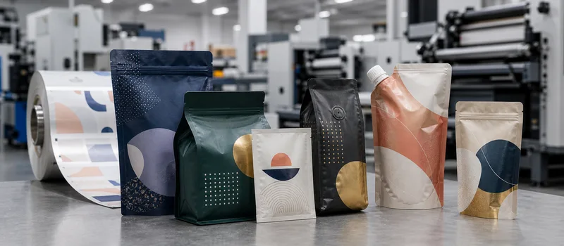 Flexible pouch formats with varied structures and premium printed finishes.