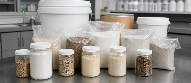Food-grade ingredient samples with sealed supply formats.