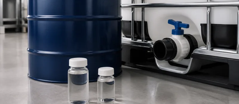Sealed viscous-liquid samples with drum and tote supply formats.