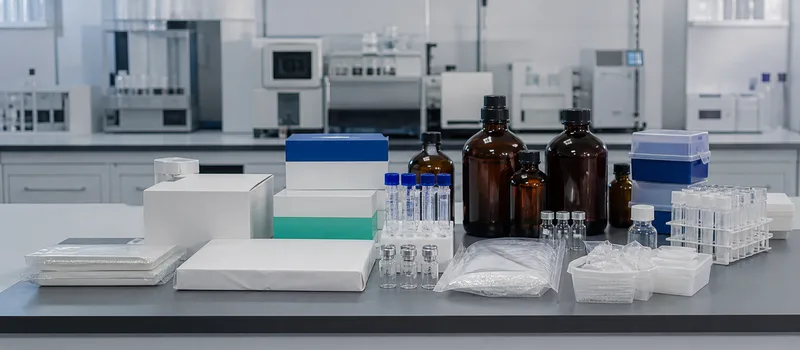 Laboratory reagents and consumables arranged for analytical work.
