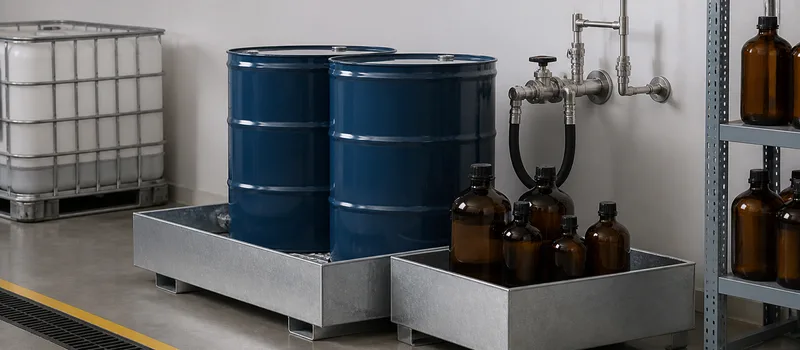 Sealed solvent containers with controlled transfer fittings.