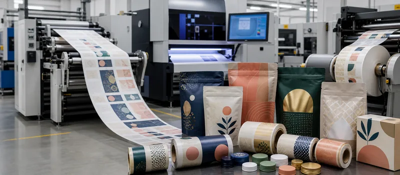 Printed packaging, labels and closures in a partner production facility.