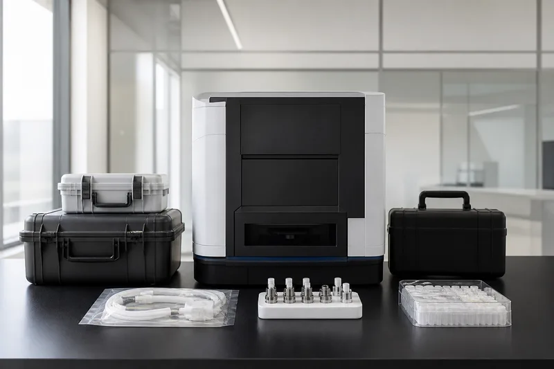 Analytical instrument, accessories and consumables prepared for commissioning.