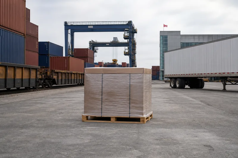 Intermodal freight staged for North American delivery.
